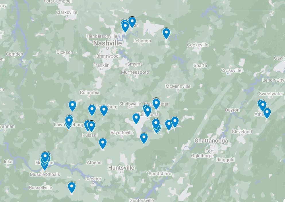 Map of Tennessee Valley ACO / CIN Provider Locations